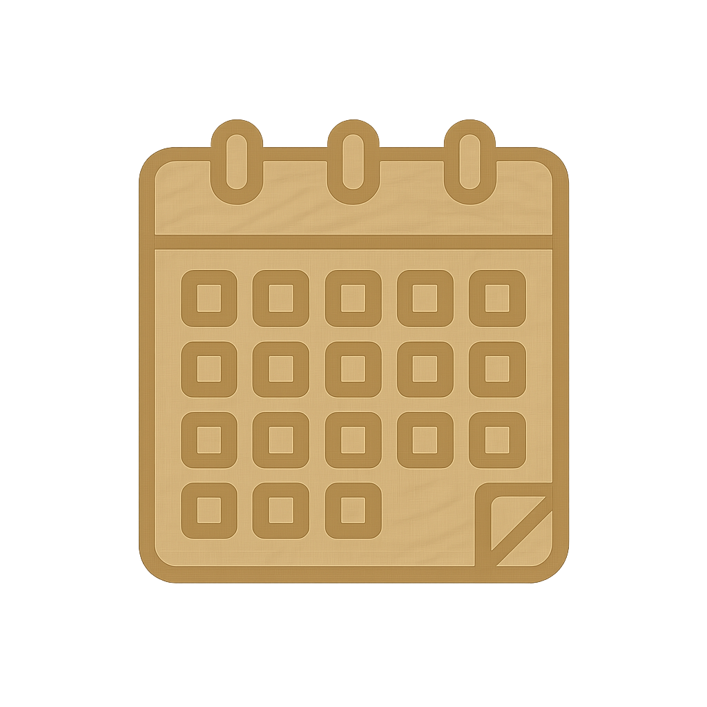 Kalendář na dřevěném povrchu, symbol renovace kuchyně.