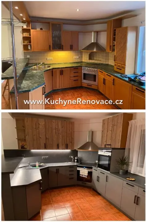 Moderní rekonstrukce kuchyně s dřevěnými skříňkami a nerezovým odsavačem.